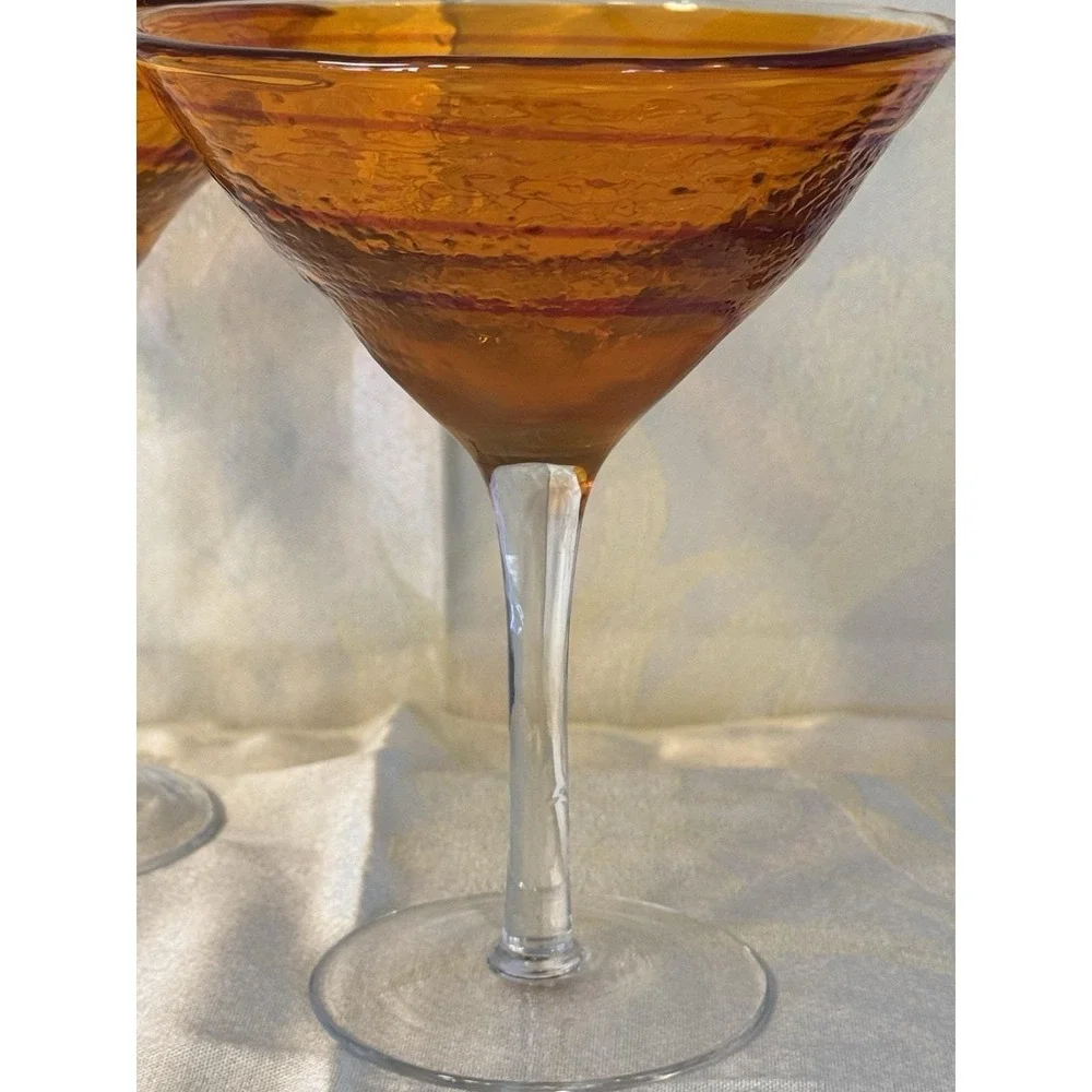 Pier 1 Hand Blown Glasses Set of 2 Orange Red Swirl Margarita Martini Barware